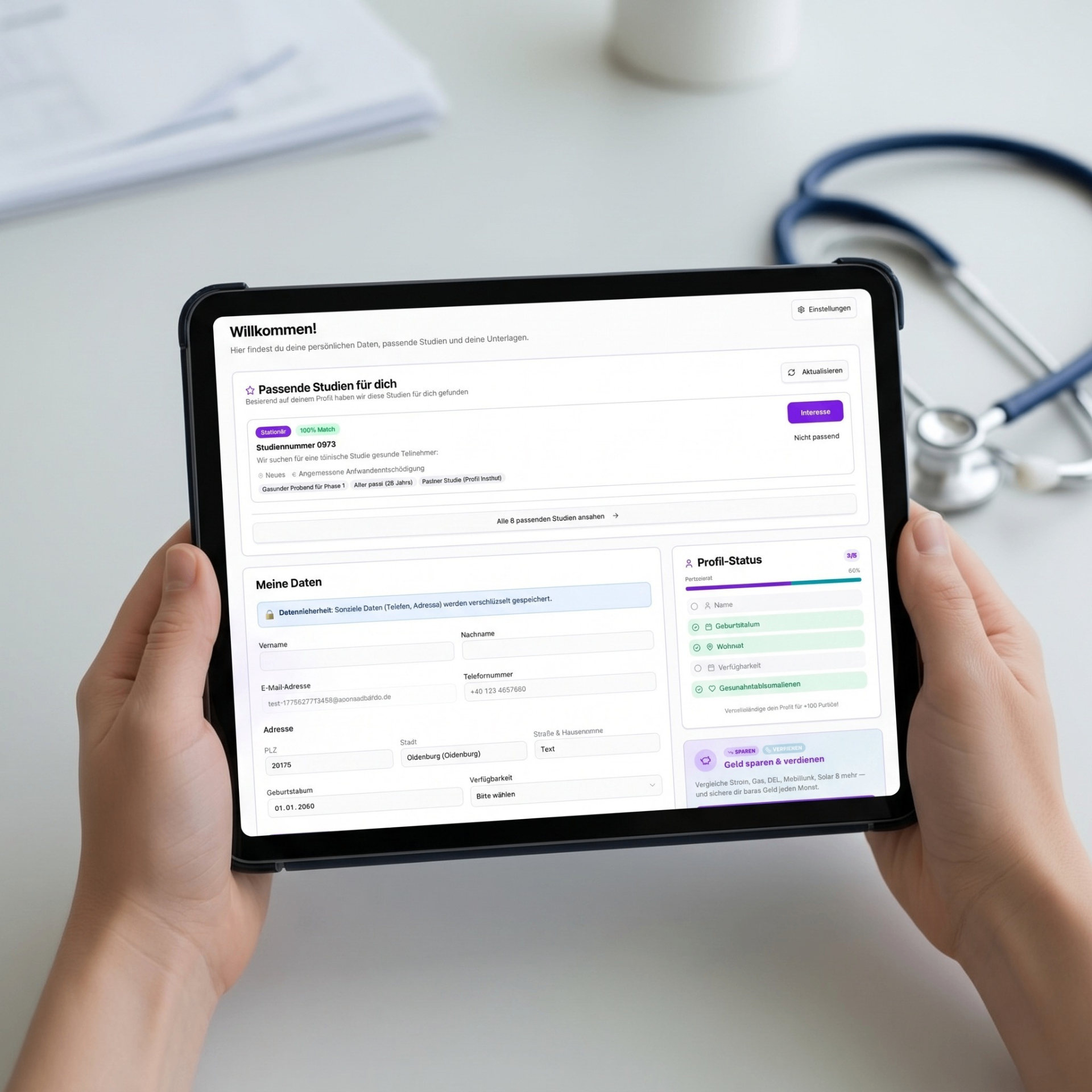 Tablet mit Probanden-Profil und Matching-Score